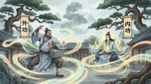 Martial artist practicing Waigong (外功) external strength training by striking and lifting a heavy stone block, surrounded by swirling energy in a traditional courtyard.