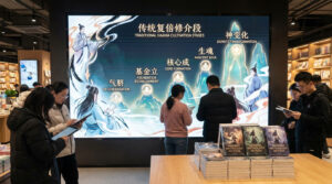Large bookstore display showing traditional xianxia cultivation stages—Qi Condensation, Foundation Establishment, Core Formation, Nascent Soul, and Divinity Transformation—surrounded by readers browsing books.