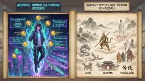 Side-by-side comparison of modern Webnovel Xianxia cultivation with system HUD graphics versus classical ancient Chinese mythology fiction featuring Sun Wukong, dragons, and traditional Daoist art