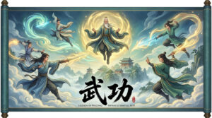 Cultivators performing Wugong (武功) martial arts techniques with glowing elemental energy and flying sword attacks, surrounding a master radiating golden power in a mystical mountain realm.