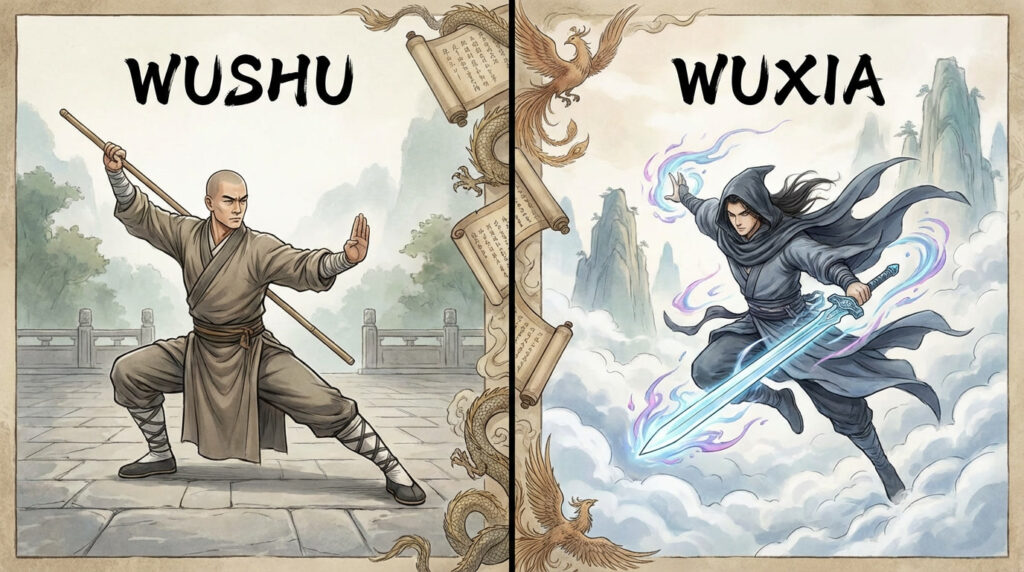 Illustration comparing Wushu (武术) real martial arts with Wuxia (武侠) fantasy martial heroes — Shaolin fighter vs flying swordsman.