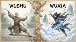 Illustration comparing Wushu (武术) real martial arts with Wuxia (武侠) fantasy martial heroes — Shaolin fighter vs flying swordsman.
