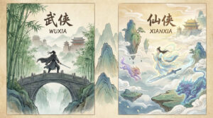 Artwork comparing Wuxia (武侠), grounded martial hero stories, with Xianxia (仙侠), immortal cultivation fantasy featuring flying swords and spiritual beasts.