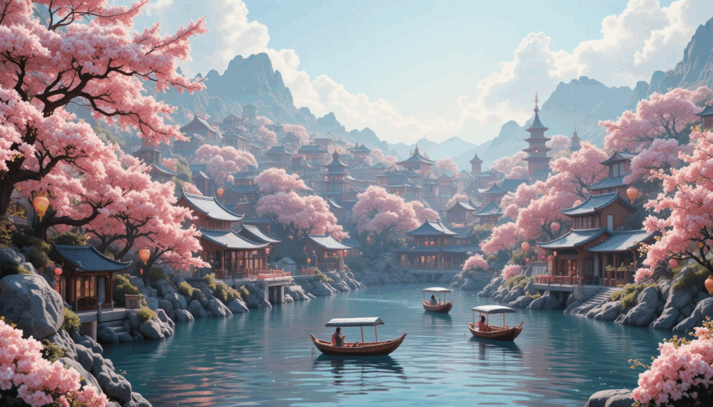 A serene coastal Chinese town surrounded by cherry blossoms, with wooden houses and pagodas overlooking calm turquoise water. Small boats float on the harbor, and pastel mountains rise softly in the distance.