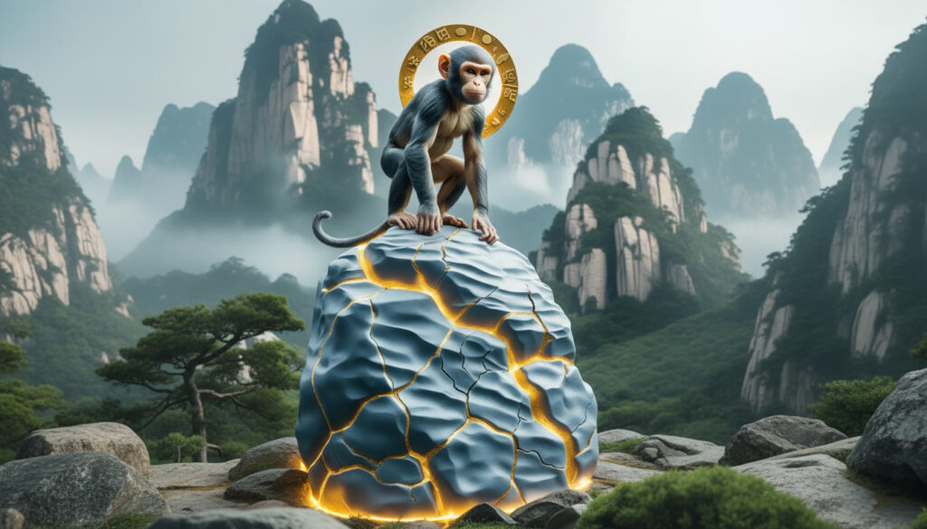 Stone Monkey Sun Wu Kong emerging from a glowing cracked stone atop a mountain landscape inspired by Chinese mythology.