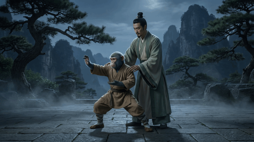 A teen-sized monkey practicing a martial arts stance under moonlight while an older Chinese teacher adjusts his posture on a mountain courtyard. Mist, pine trees, and stone tiles create a calm nighttime setting.