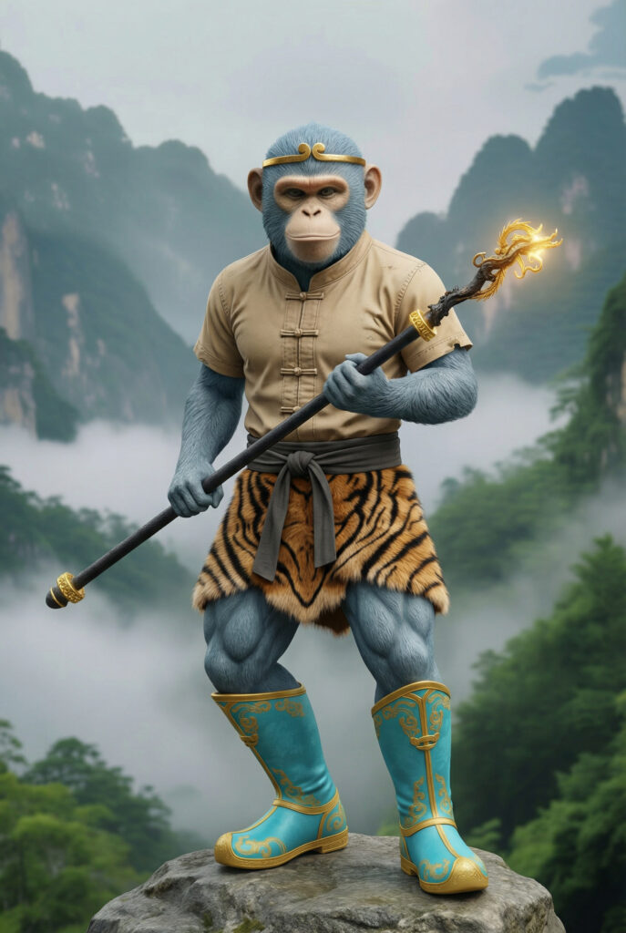 Sun Wu Kong standing on a rocky peak wearing ornate golden armor and holding a long staff, with misty mountains and a distant temple in the background.