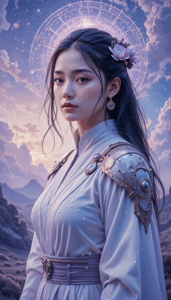 A serene young Asian woman in pale lavender robes stands against a glowing sky, framed by a circular celestial halo. She wears ornate shoulder armor and a lotus hairpin, her expression calm and introspective, symbolizing inner clarity and emotional strength.