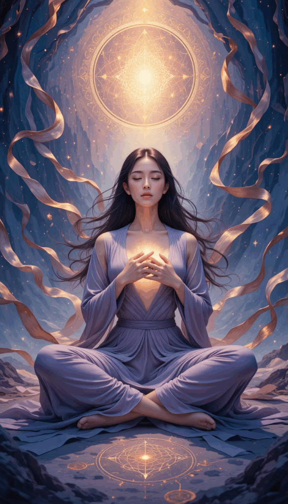 A young woman sits cross-legged in meditation, dressed in flowing lavender robes, hands clasped over her heart. Golden ribbons swirl around her as a radiant geometric mandala glows above her head and another symbol shines beneath her. The scene represents emotional grounding and inner clarity.
