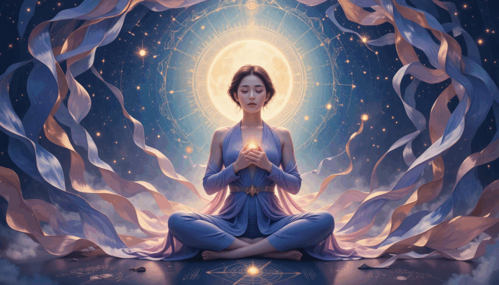 A woman in flowing lavender robes sits cross-legged in meditation, hands gently cupping a glowing light at her chest. Behind her, a radiant moon-like halo shines with geometric patterns, while ribbons of soft pink and blue swirl around her. The scene symbolizes inner balance, emotional grounding, and clarity.