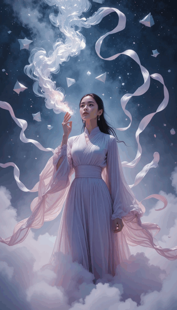 A woman in a flowing lavender dress stands on soft clouds beneath a star-filled sky. She lifts a hand toward a glowing stream of light that rises into the air like mist. Ribbons float around her, and geometric crystal shapes drift in the background, symbolizing insight, intuition, and mental clarity.