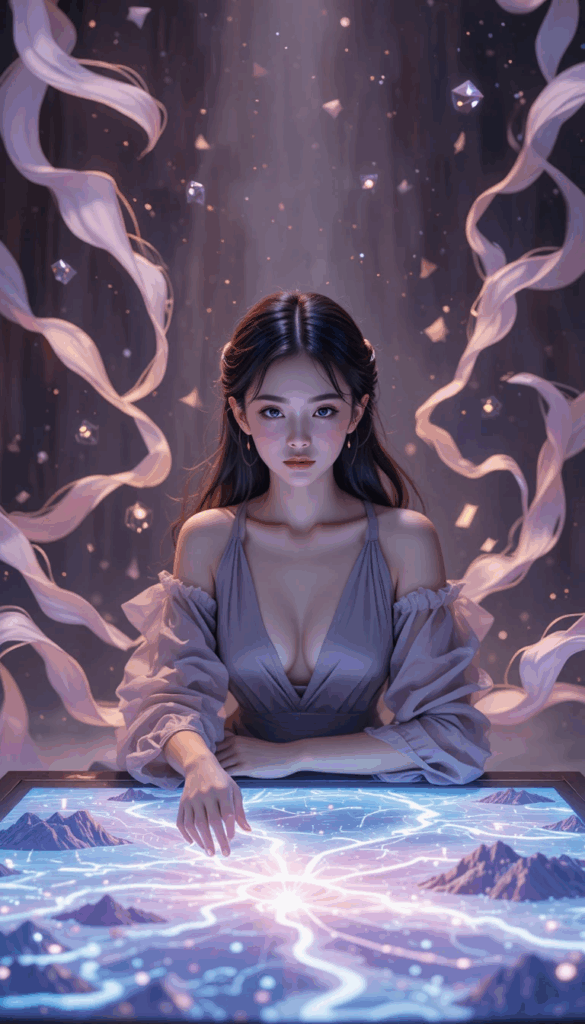 A woman in a soft lavender dress studies a glowing, celestial map spread before her. Ribbons of light swirl around her in the darkness as illuminated pathways stretch across mountains and rivers on the table. She appears calm, focused, and reflective, symbolizing the process of mapping one’s inner and outer life.