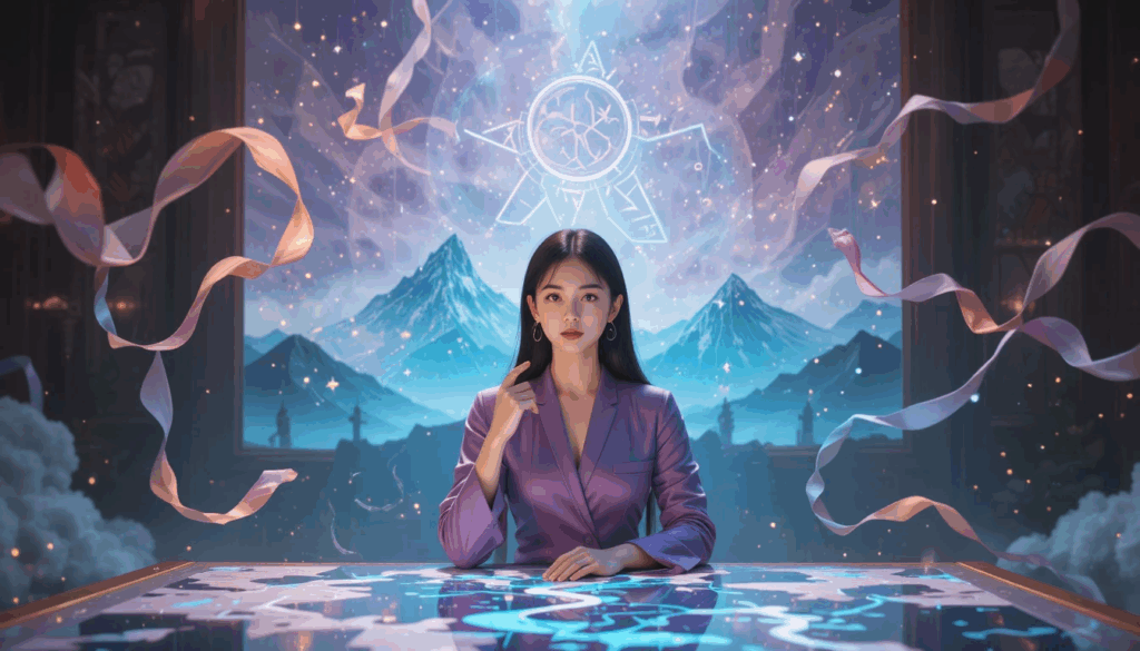 A woman in a lavender suit sits at a glowing strategy table that resembles a celestial map. Behind her, mountains rise against a sky filled with floating ribbons and a luminous symbol of interconnected pathways. She touches her chin thoughtfully, symbolizing analysis, reflection, and mapping one’s internal and external landscape.