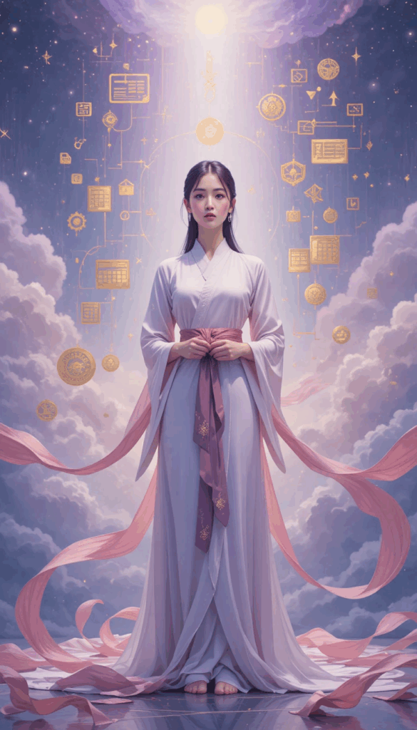 A woman in flowing lavender robes stands calmly at the center of a glowing celestial space. Golden icons — charts, maps, symbols, tools, and pathways — float around her like illuminated planning elements. Soft clouds surround her feet as ribbons drift in the air, symbolizing strategic preparation, intention setting, and gathering resources before taking action.