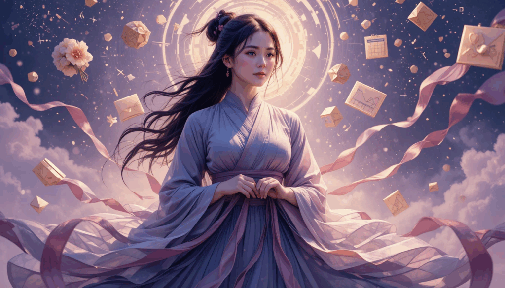 A serene woman in flowing lavender robes stands with her hands clasped, surrounded by floating golden icons representing planning, schedules, tools, and life elements. Soft pink ribbons swirl around her as a radiant circular halo glows behind her, symbolizing clarity, readiness, and gathering the components needed before taking decisive action.