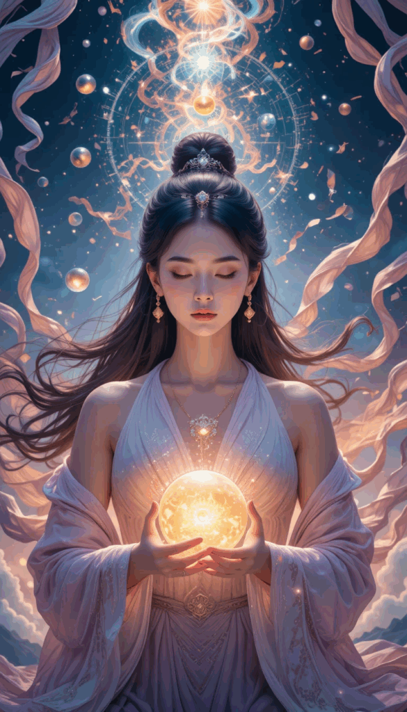 A serene woman in flowing lavender robes holds a radiant golden orb glowing between her hands, symbolizing inner strength and personal energy. Above her, celestial patterns and swirling ribbons illuminate the sky, creating a sense of rising power, intention, and controlled focus. The scene reflects the principle of managing and directing one’s inner energy before engaging with life’s challenges.
