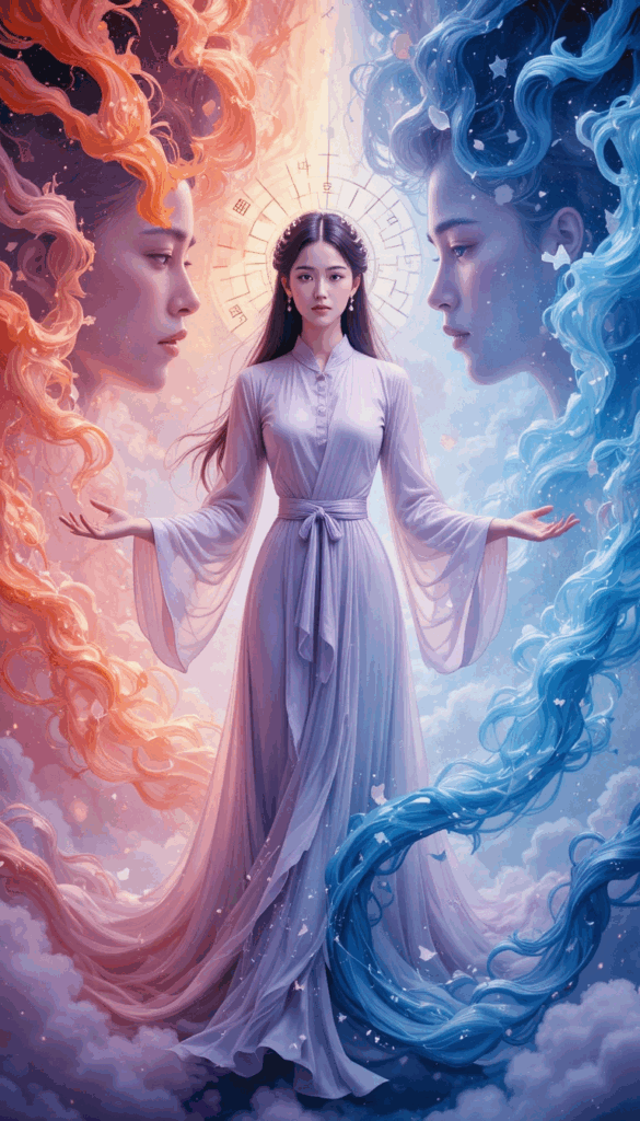 A serene woman in flowing lavender robes stands centered between two towering elemental figures—one of vibrant fire tones on the left and one of cool, swirling water tones on the right. With arms gently extended, she maintains calm equilibrium as warm and cool energy streams flow around her. A subtle celestial mandala glows behind her head, symbolizing clarity, emotional regulation, and the strategic balance between extremes.