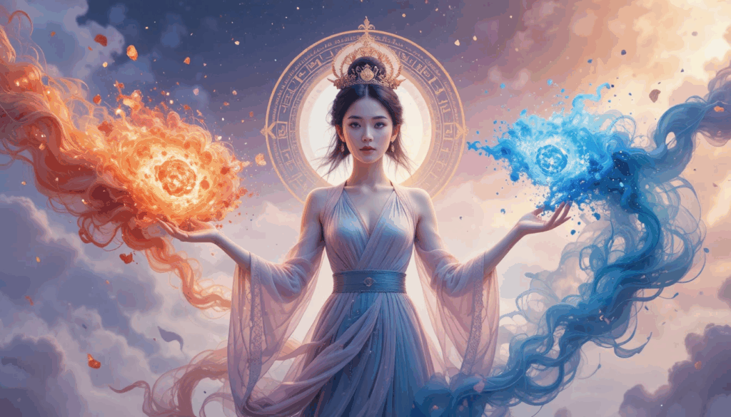 A serene woman stands centered beneath a glowing celestial mandala, wearing a flowing lavender gown and a golden crown. She holds a swirling fire sphere in her left hand and a luminous water sphere in her right, each releasing vibrant trails of energy. The warm and cool forces expand outward like living currents, symbolizing emotional balance, duality, and inner alignment.