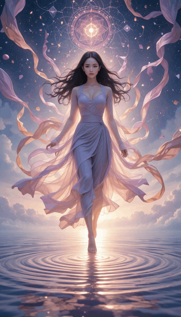 A woman in a flowing lavender dress walks gracefully across a glowing pool of water at sunrise. Soft ripples form under each step as ribbons swirl around her in midair. Above her head, a radiant celestial mandala shines like a guiding star. The scene symbolizes movement, rising energy, and the quiet power of taking intentional steps forward.