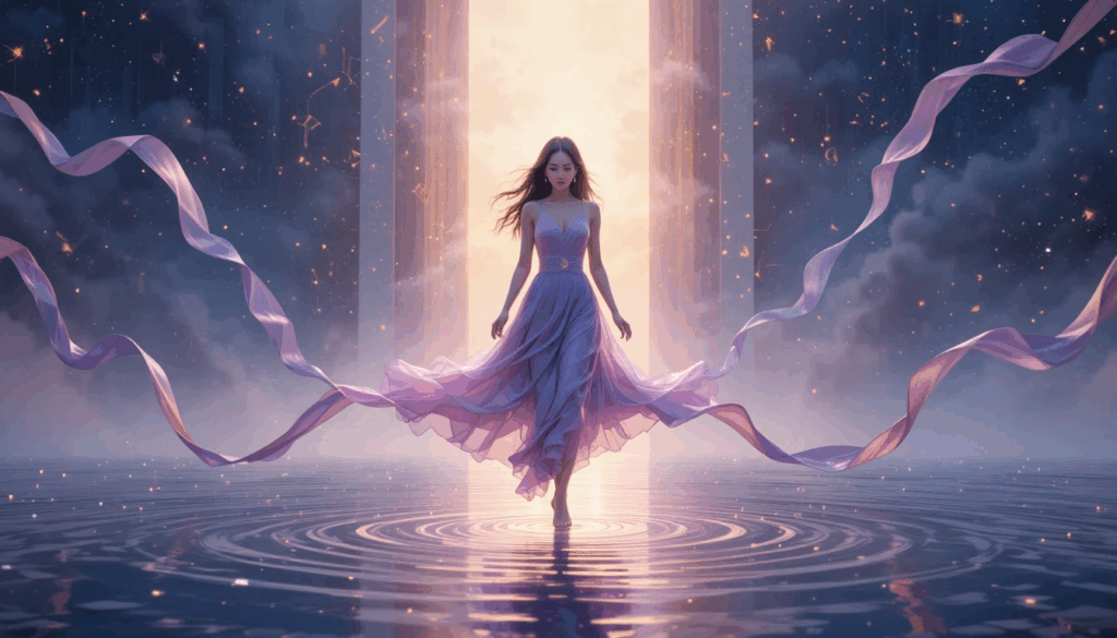 A woman in a flowing lavender dress walks forward across shimmering water toward a glowing doorway of light. Soft ripples form beneath her feet while long ribbons trail around her in the air. The night sky glitters with golden particles, creating a surreal, powerful sense of movement and transformation.