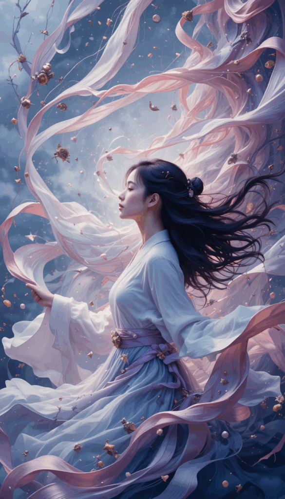 A woman in flowing pale robes stands in profile with her hair and ribbons streaming around her on a wind-filled sky. Soft golden petals and small objects swirl through the air as she moves with the current, symbolizing flexibility, resilience, and adapting to change.