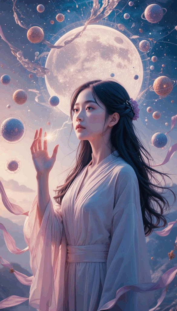 A calm woman in soft lavender robes stands with her hand gently raised toward a glowing light, surrounded by floating celestial spheres and orbit-like patterns. Behind her, a luminous full moon radiates layered rings of energy. The scene symbolizes the shifting forces, interactions, and unseen influences that shape movement and decisions in life.