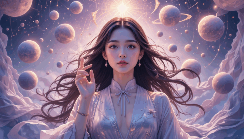 A serene woman in flowing lavender robes stands centered against a cosmic sky filled with softly glowing planets and orbit-like symbols. Light radiates from above her head like a guiding star. Her hair flows outward as she raises one hand gently, as if sensing invisible forces. The scene represents understanding shifting dynamics, influence, and the interplay of energies in life.