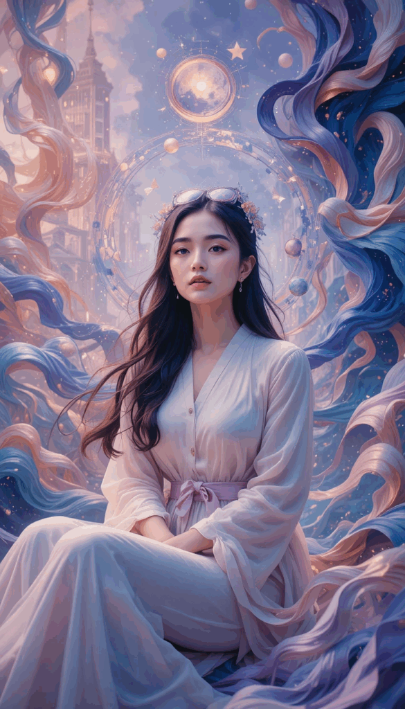 A calm woman dressed in flowing ivory robes sits gracefully in the center of a surreal dreamlike environment. Soft pastel ribbons swirl around her like currents of wind, blending with hints of a modern city skyline behind her. Above her, celestial orbs and a glowing circular symbol radiate gently. The image symbolizes how environments — emotional, social, digital, and physical — influence one’s clarity, behavior, and inner world.