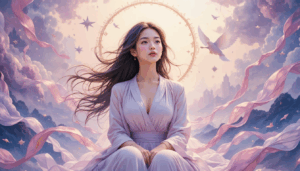 A serene woman in flowing lavender robes sits peacefully as ribbons of soft pink energy swirl around her. Behind her, a glowing celestial ring frames her head like a symbolic halo of awareness. Birds, clouds, and distant mountains blend with hints of a city skyline, representing the merging of natural, emotional, and modern environments. The scene conveys how external surroundings influence inner clarity, grounding, and emotional balance.