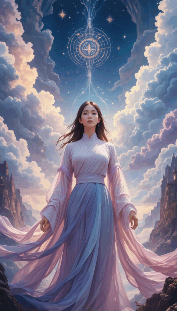A woman in flowing lavender and blue robes stands at the center of a dramatic celestial landscape. Towering cliffs rise on both sides while soft clouds part above her, revealing intricate golden constellations and circular symbols glowing in the sky. Her calm, grounded posture contrasts with the shifting environment around her, symbolizing the Art of War principle of understanding situations — assessing conditions, terrain, timing, and emotional climate before taking action.