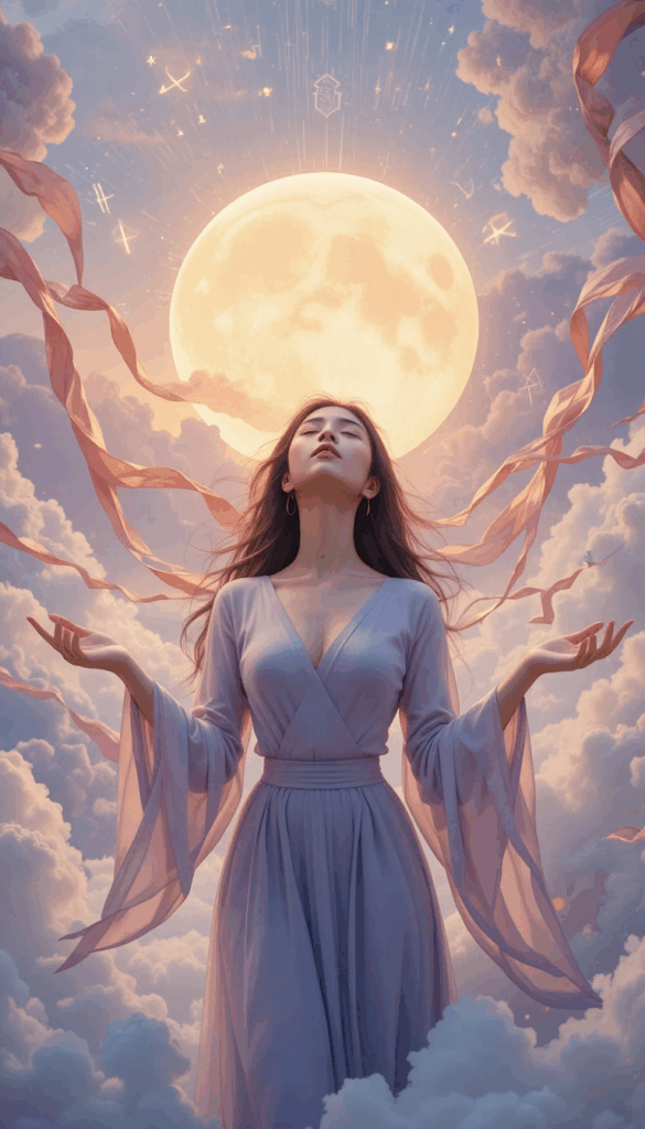 A woman in a flowing lavender dress stands among soft, glowing clouds with her head tilted upward, eyes closed, and arms gently open. Behind her rises an enormous luminous full moon, casting warm light across the scene. Pink ribbons swirl around her as constellations shimmer faintly above. The visual symbolizes burnout—when someone has pushed beyond capacity—while also portraying surrender, pause, and restoration.