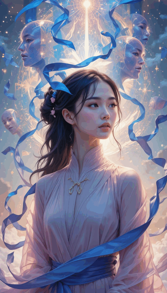 A graceful woman in a soft lavender robe stands illuminated by a glowing celestial light behind her. Blue ribbons swirl around her as multiple translucent, contemplative faces appear in the background—each angled in different directions as though representing perspectives, intuition, and inner voices. The atmosphere is ethereal and thoughtful, evoking the quiet clarity that comes from deep insight.