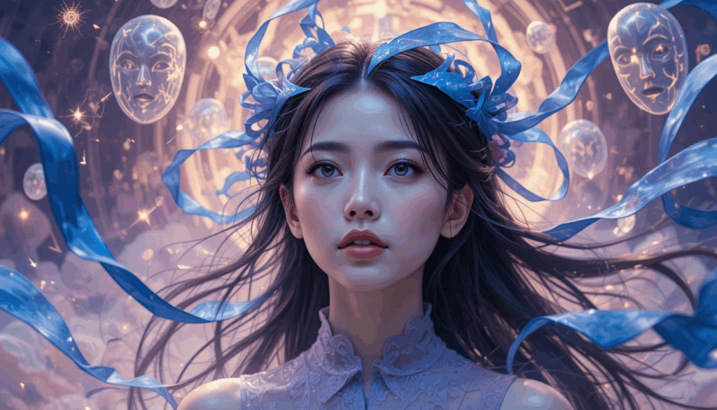 A serene young woman with flowing dark hair stands against a glowing celestial background. Blue ribbons swirl around her head like streams of thought, while translucent floating faces hover behind her, symbolizing intuition, hidden motives, and multiple perspectives. She gazes forward with calm awareness, representing the concept of deep insight and the ability to discern truth beyond surface appearances.