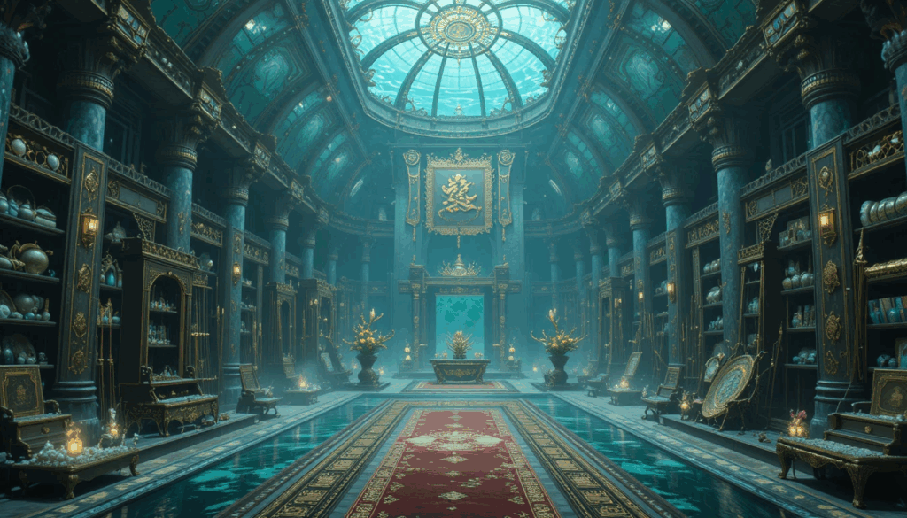 Interior view of the Eastern Sea Dragon Palace armory, with tall jade-blue columns, gold-trimmed shelves filled with weapons and artifacts, a long red carpet leading to a central dais, and soft lantern light reflecting off polished turquoise floors beneath an ornate glass dome ceiling.