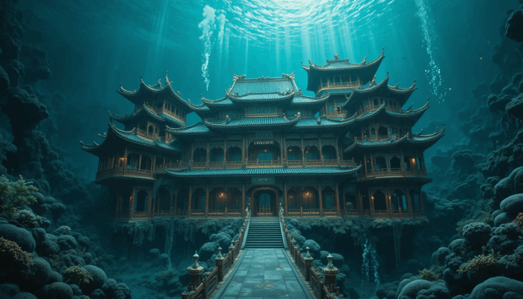 Underwater Chinese palace illuminated by sunlight, surrounded by coral and deep-sea terrain.