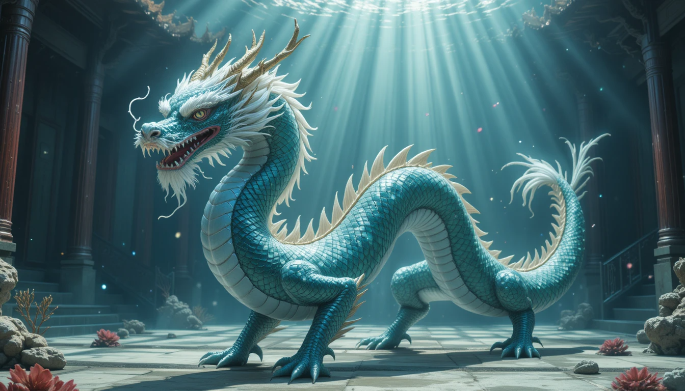 Azure dragon illuminated by underwater sunlight, representing Ao Guang, Dragon King of the Eastern Sea.