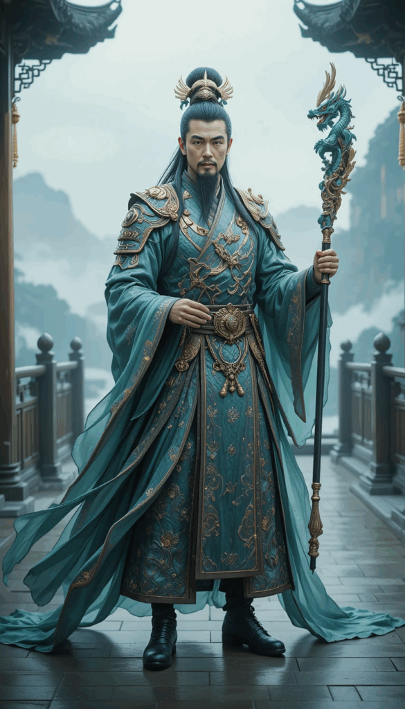 Ao Guang in human form wearing ornate teal dragon robes, standing on a misty bridge in the Eastern Sea realm.