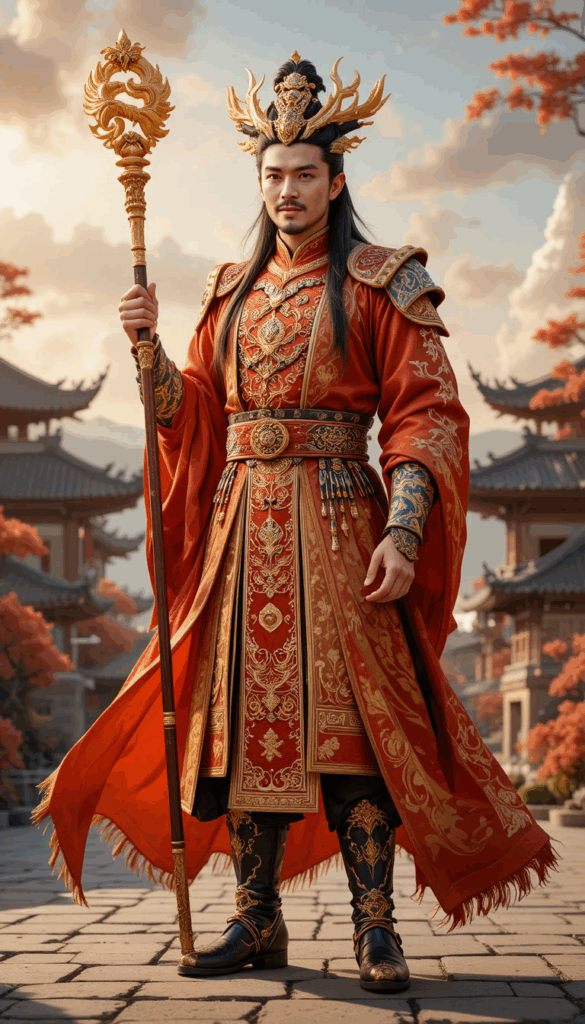 Ao Run, Dragon King of the Western Sea, in human form wearing ornate red and gold ceremonial armor.