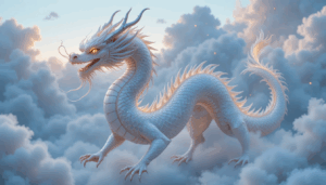 Ao Qin, Dragon King of the Southern Sea, depicted in white dragon form soaring through bright storm clouds.