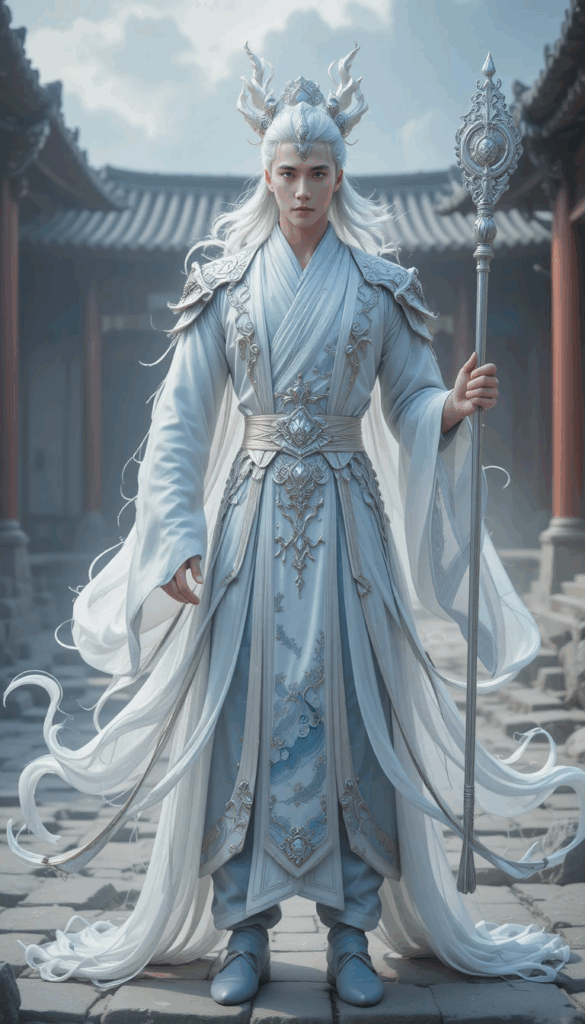 Ao Qin, Dragon King of the Southern Sea, standing in human form wearing white ceremonial robes.