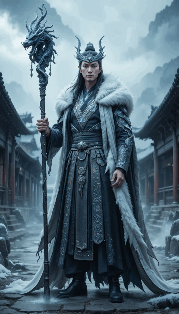 Ao Shun, Dragon King of the Northern Sea, standing in icy blue ceremonial robes with a storm staff.
