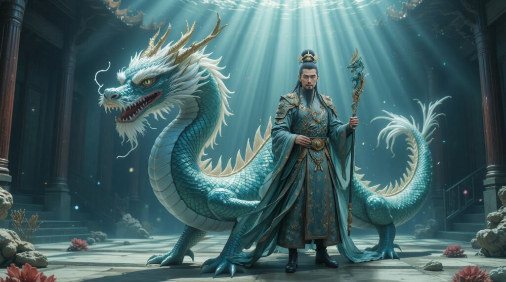 Ao Guang, Dragon King of the Eastern Sea, standing before his azure dragon form in an underwater palace.