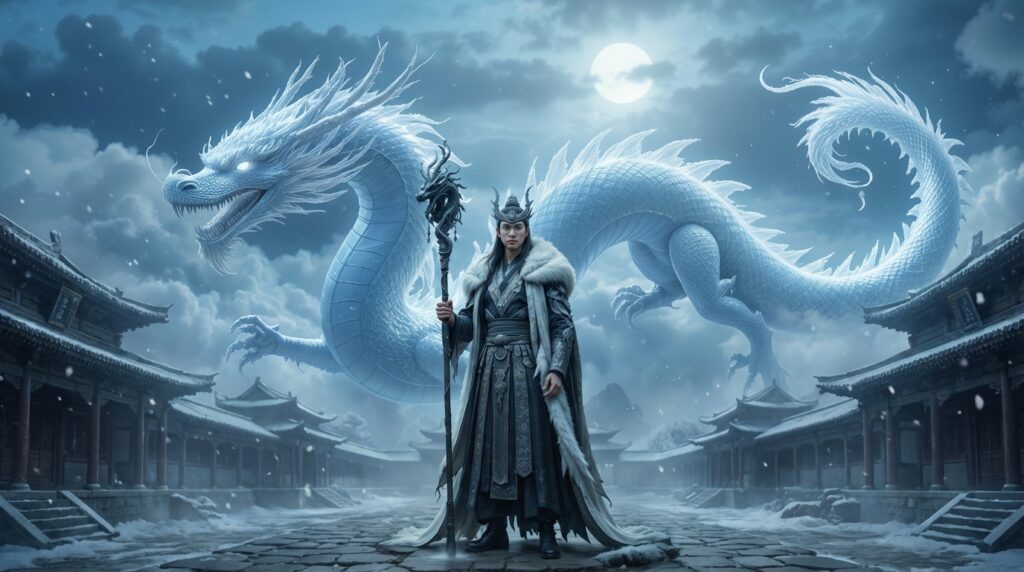 Ao Shun, Dragon King of the Northern Sea, standing before his icy dragon form in a storm-lit courtyard.