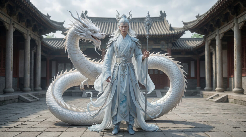 Ao Qin, Dragon King of the Southern Sea, standing before his white serpentine dragon form in a sunlit courtyard.
