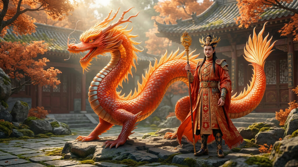 Ao Run, Dragon King of the Western Sea, standing beside his radiant orange Western Sea dragon in an autumn courtyard.