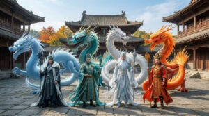 The Dragon Kings of the Four Seas standing with their dragon forms behind them in a palace courtyard.
