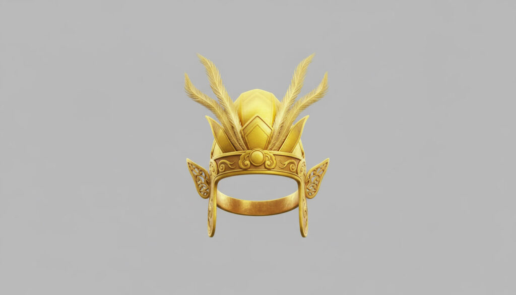 Golden phoenix-wing crown (金翅紫金冠), the ceremonial headpiece gifted to Sun Wukong by the Four Sea Dragon Kings. Gold helmet with winged flares and ornate detailing.