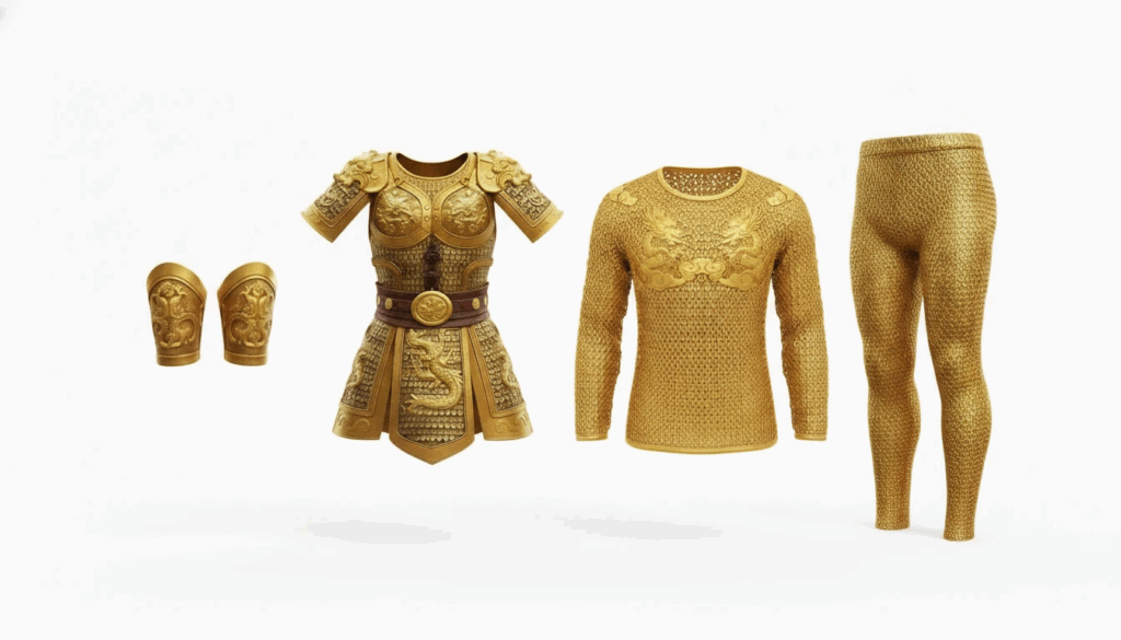 Golden Chainmail Armor (黄金锁子甲), the divine protective armor bestowed upon Sun Wukong by the Four Sea Dragon Kings. Full golden set including chestplate, sleeves, and leggings.