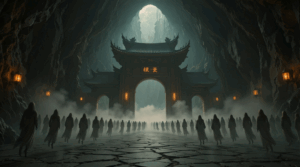 Photorealistic scene of the Chinese Underworld gate 幽冥界 inside a vast dark cave, with long lines of souls walking toward the entrance through mist and lantern-lit stone pathways.
