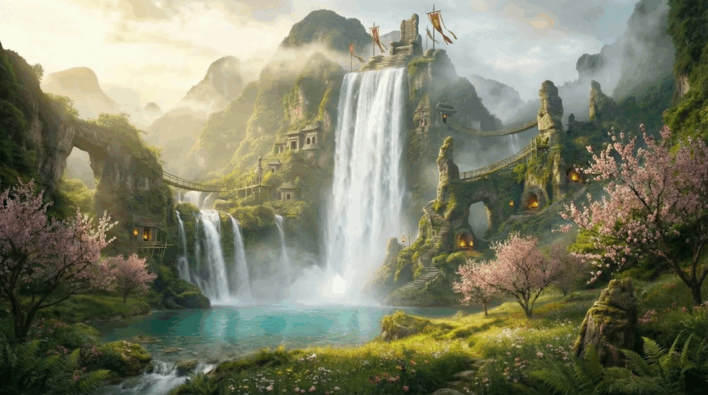 A breathtaking landscape of Hua Guo Shan with cascading waterfalls, mist-covered cliffs, turquoise pools, cherry blossom trees, and ancient stone structures built into the mountainside. Rope bridges connect elevated terraces, and warm lantern lights glow from carved cliff dwellings.